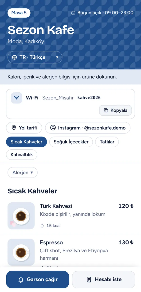 Garsonla müşteri menüsü: Sezon Kafe, Masa 5, Wi-Fi bilgisi, kategoriler, ürünler ve Garson çağır düğmesi